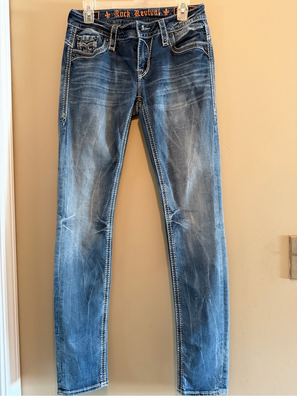 Rock Revival Distressed Slim Jeans in Washed Blue